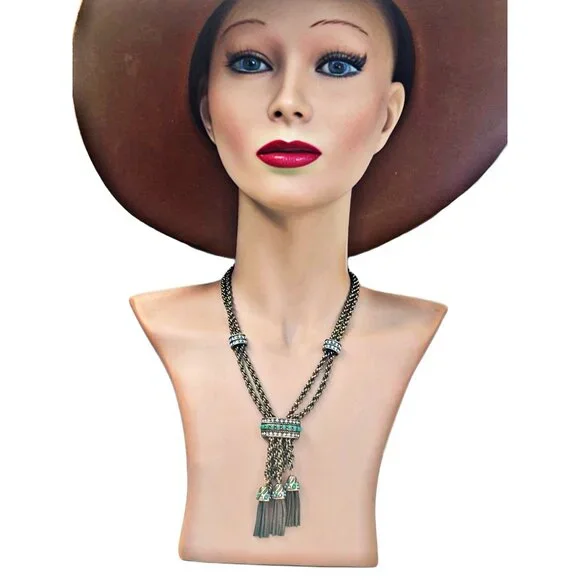 Vintage Turquoise & Crystal Tassel Lariat Necklace By Heidi Daus - Picture 9 of 9